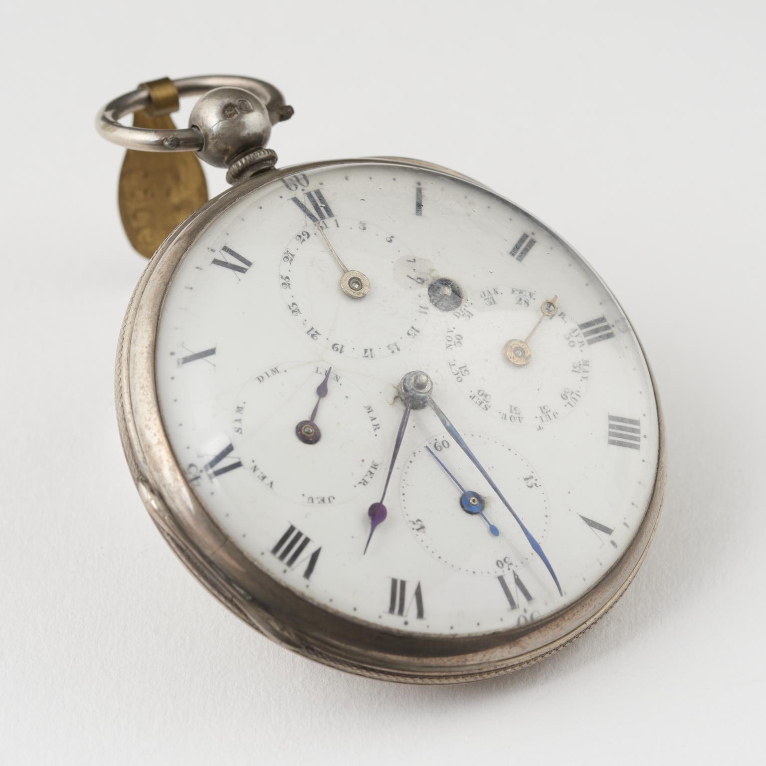 Silver Pocket Watch with Calender, 1850-1860 (pocket watch; cylinder watch)
